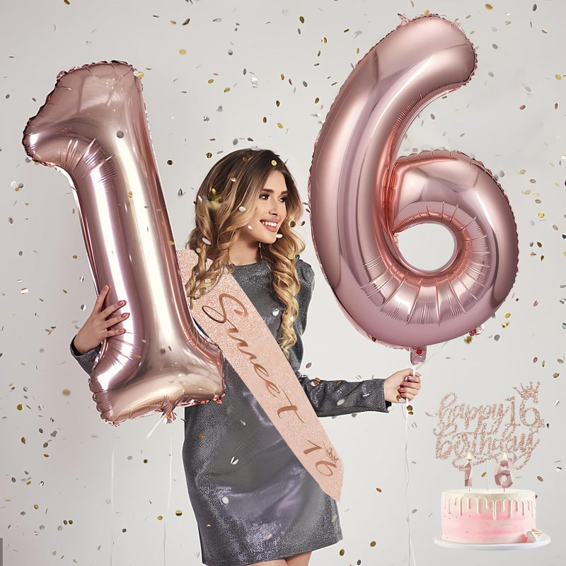 Awfrky 8pcs Sweet 16 Birthday Decorations for Girls  Including 16th Happy Birthday Cake Toppers  Birthday Queen Sash with Pearl Pin  Sweet Rhinestone Tiara Crown  Number Candles and Balloons Set  Rose Gold - Image 5